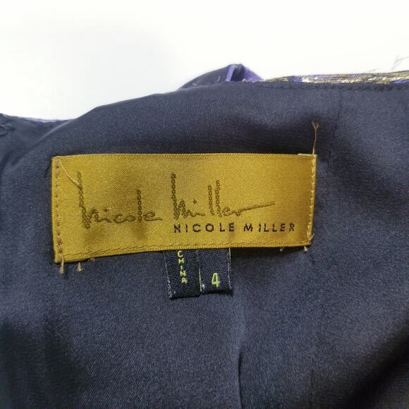 Nicole Miller Gold Metallic Blue Silk Blend Fit and Flare Cocktail Mini Dress - Picture 3 of 12